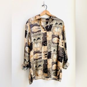 EQUESTRIAN PRINT 🤎 100% Silk Novelty Print Button Down Shirt/ Blouse, Med. 🐴